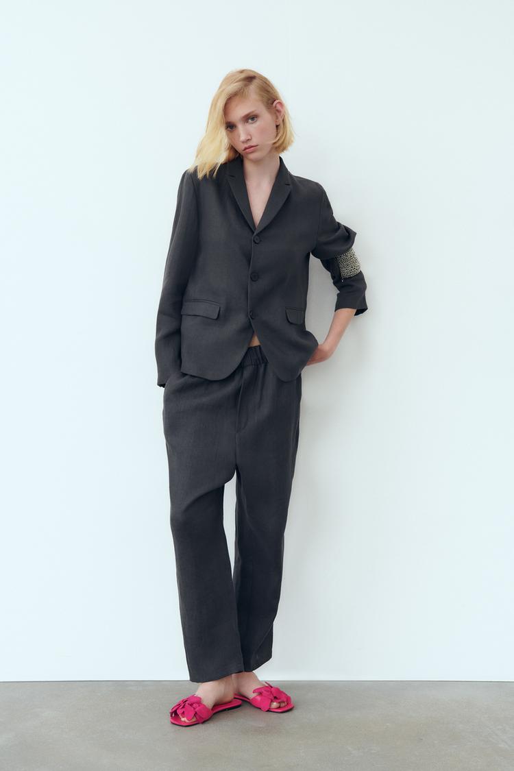 FLAT LEATHER SLIDER SANDALS WITH FLOWER