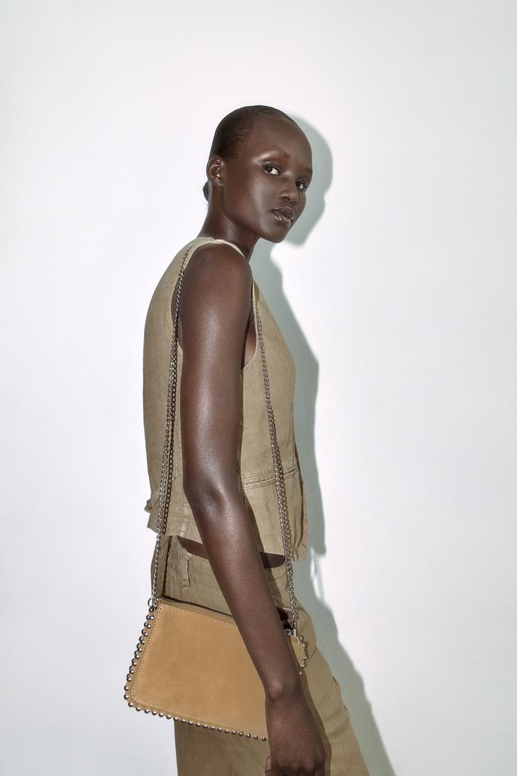 STUDDED SPLIT SUEDE CLUTCH CROSSBODY BAG