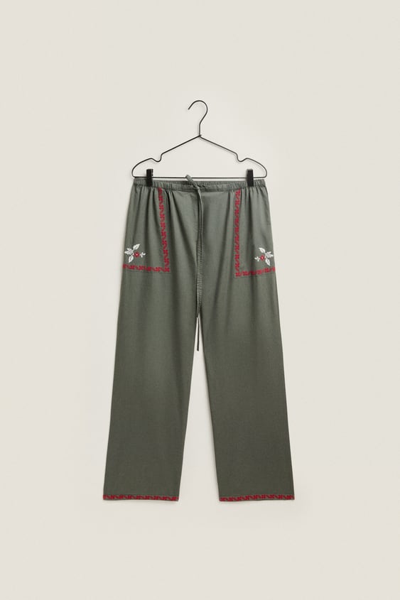 PAJAMA BOTTOMS WITH CHRISTMAS EMBROIDERY - Green | ZARA United States