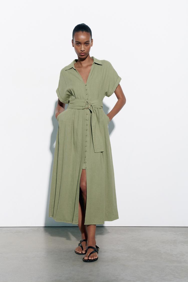 BELTED LINEN BLEND SHIRT DRESS