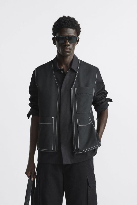 WAISTCOAT WITH CONTRAST TOPSTITCHING Black ZARA New Zealand