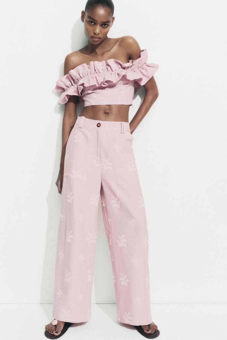 EMBROIDERED LINEN BLEND TROUSERS