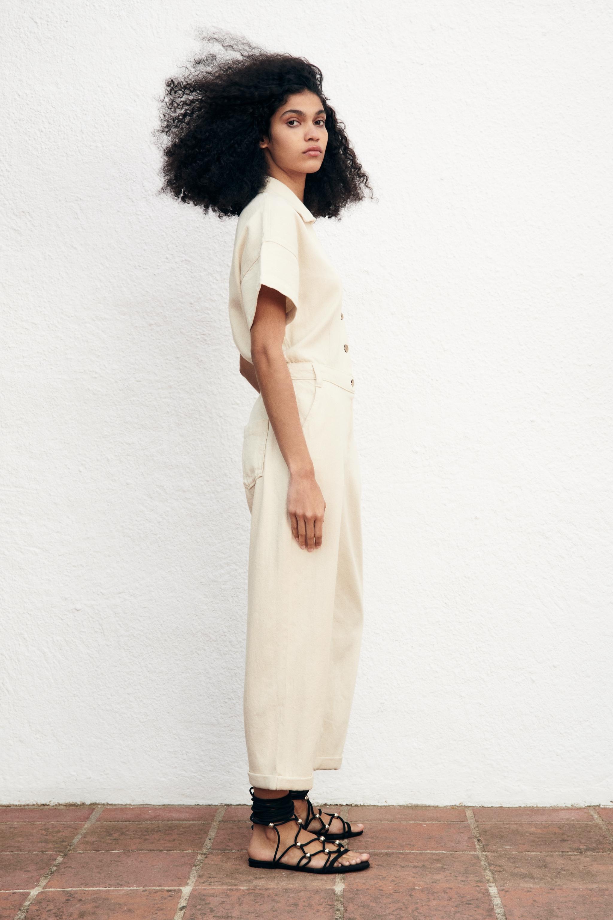 CONTRASTING FABRIC BAGGY Z1975 DENIM JUMPSUIT Oyster White