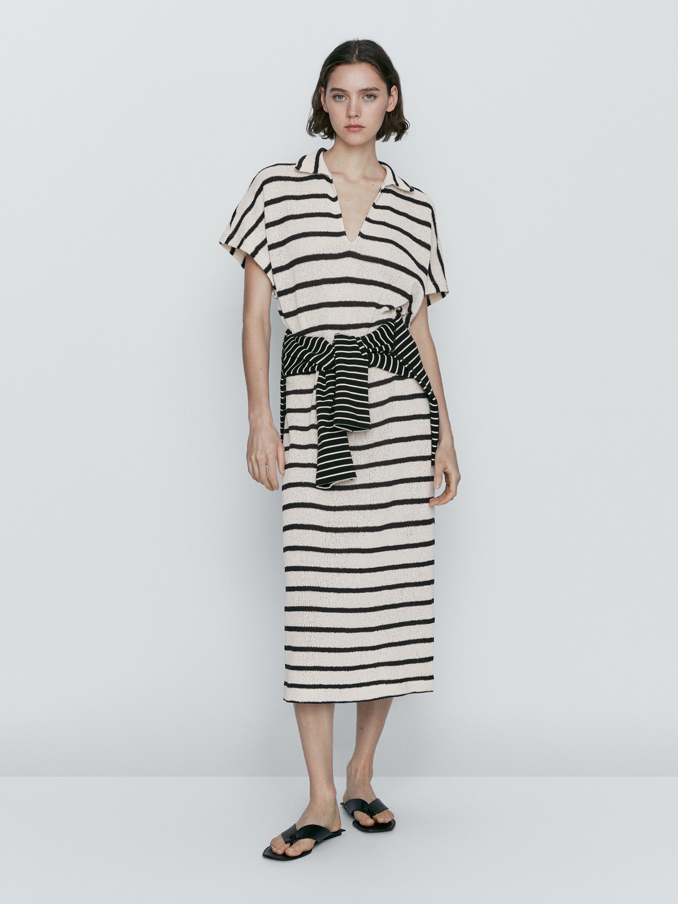 Textured striped cotton blend polo dress
