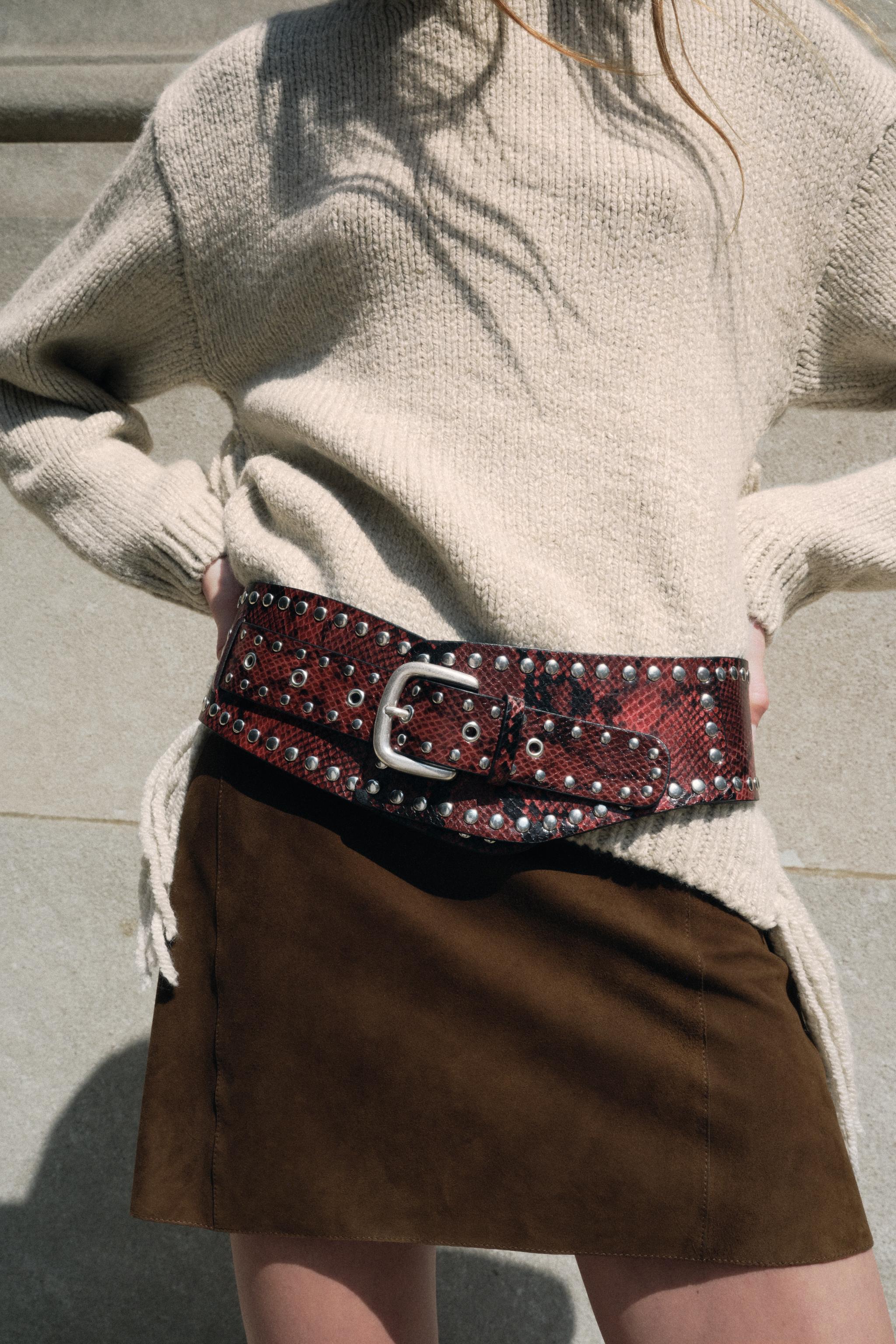 NWT ZARA STUDDED LEATHER SASH BELT BROWN 11938404.png main image 4