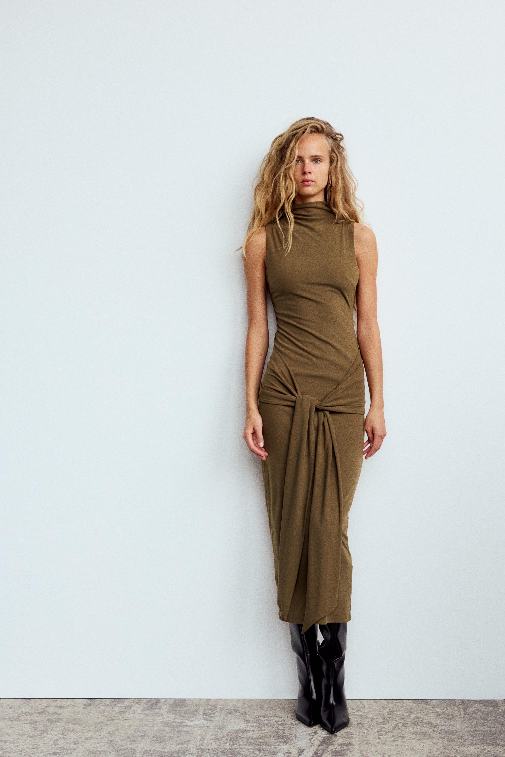 zara midi dress with front knot Zara + KNOTTED SATIN EFFECT DRESS