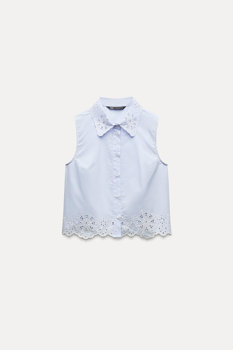 EMBROIDERED EYELET CROPPED SHIRT