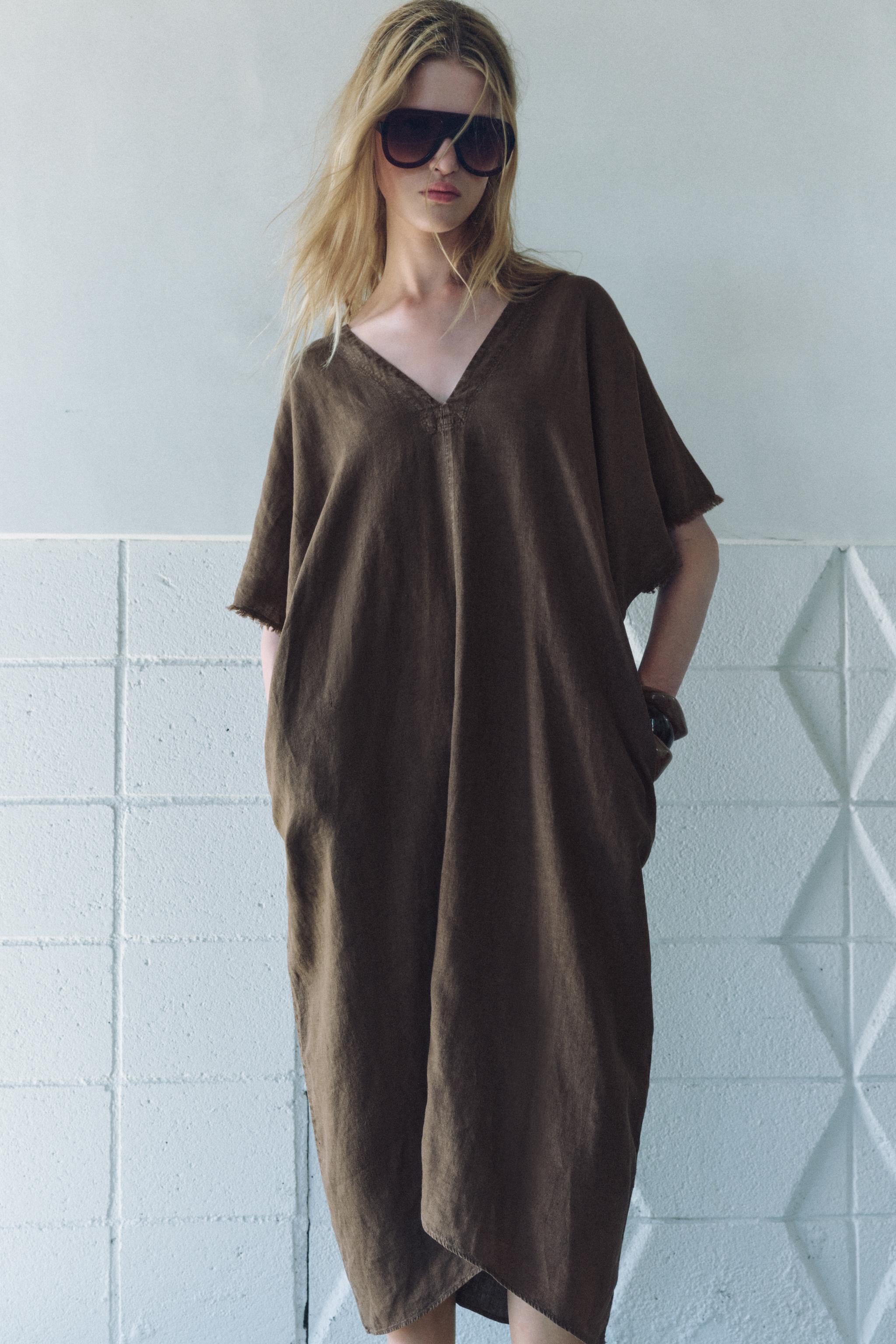 zara linen tunic dress ZARA , Linen tunic dress in a mauve/beige color, Brand