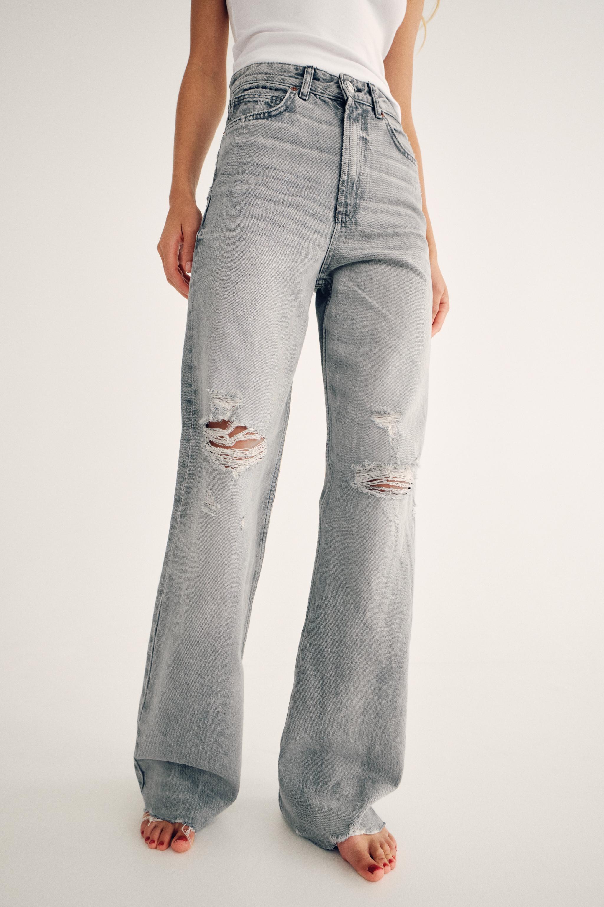 Zara TRF HIGH RISE WIDE LEG RIPPED JEANS | Square One