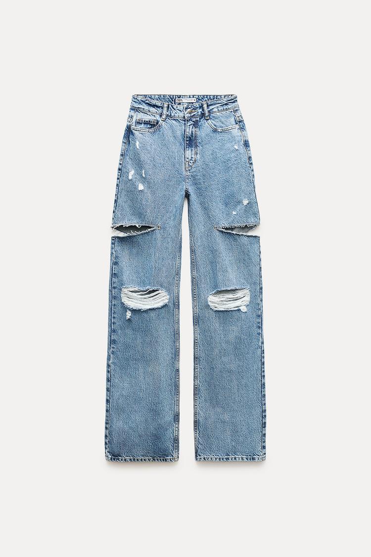 Z1975 MID WAIST RIPPED CUT OUT STRAIGHT LEG JEANS