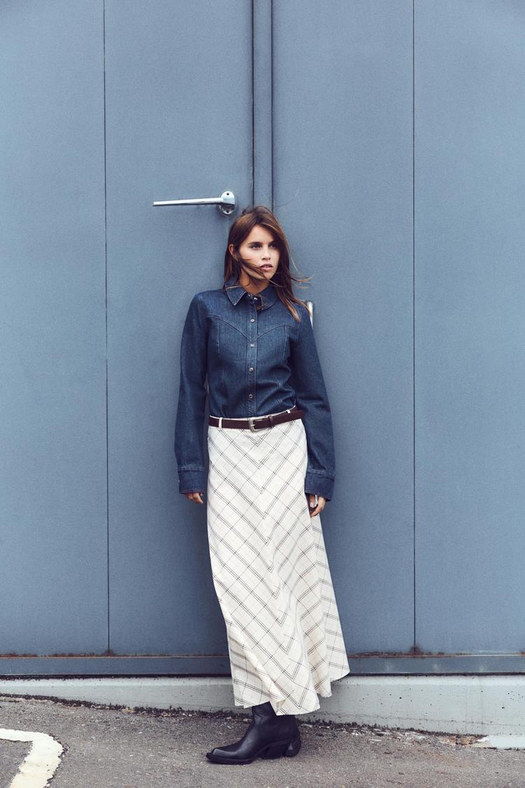 LONG PLAID BELTED SKIRT