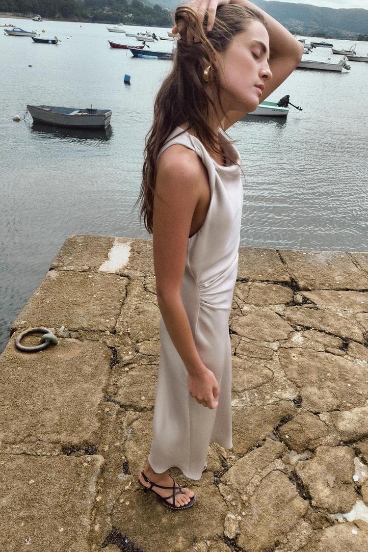 RUCHED SATIN EFFECT MIDI DRESS