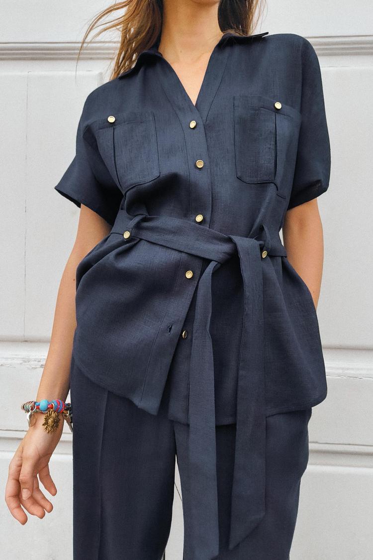 BELTED LINEN BLEND SHIRT