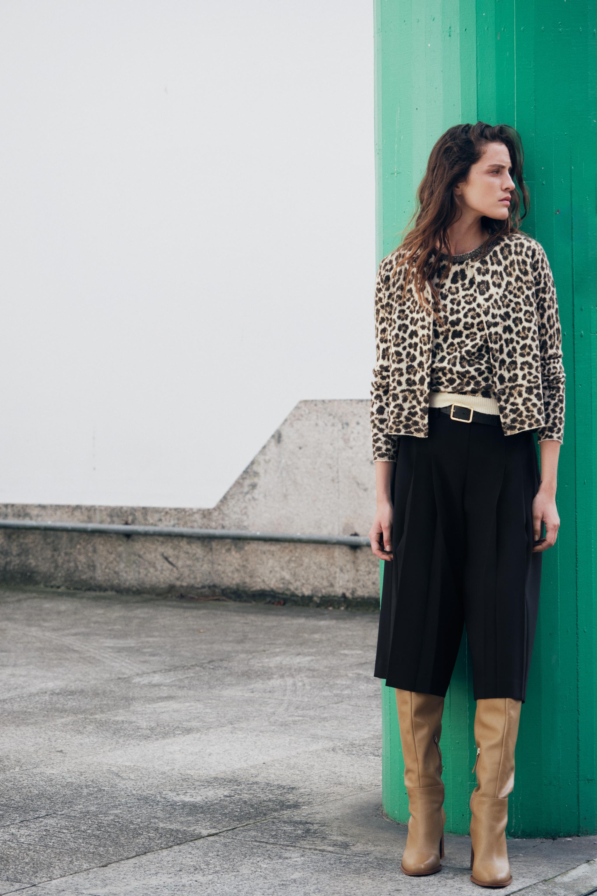 JACQUARD KNIT ANIMAL PRINT JEWELED NECKLINE CARDIGAN