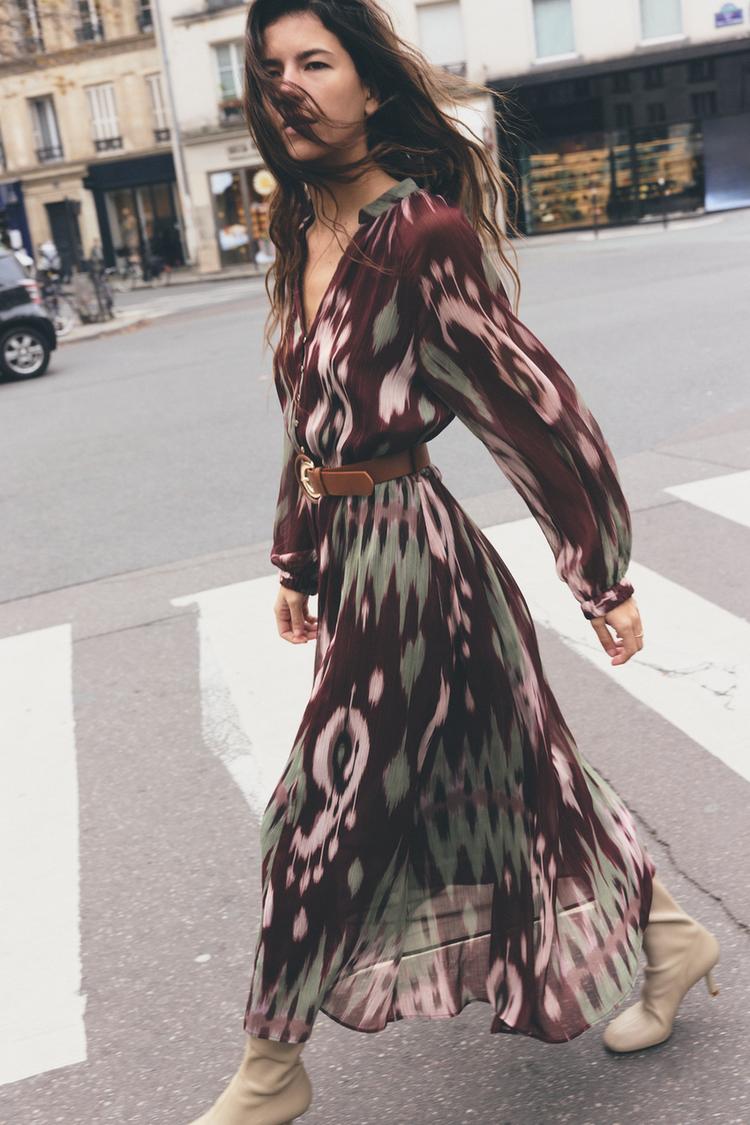 BELTED PRINTED MIDI DRESS