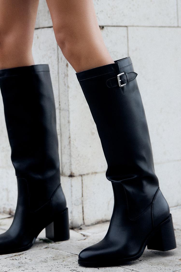 BUCKLED KNEE HIGH HEELED BOOTS