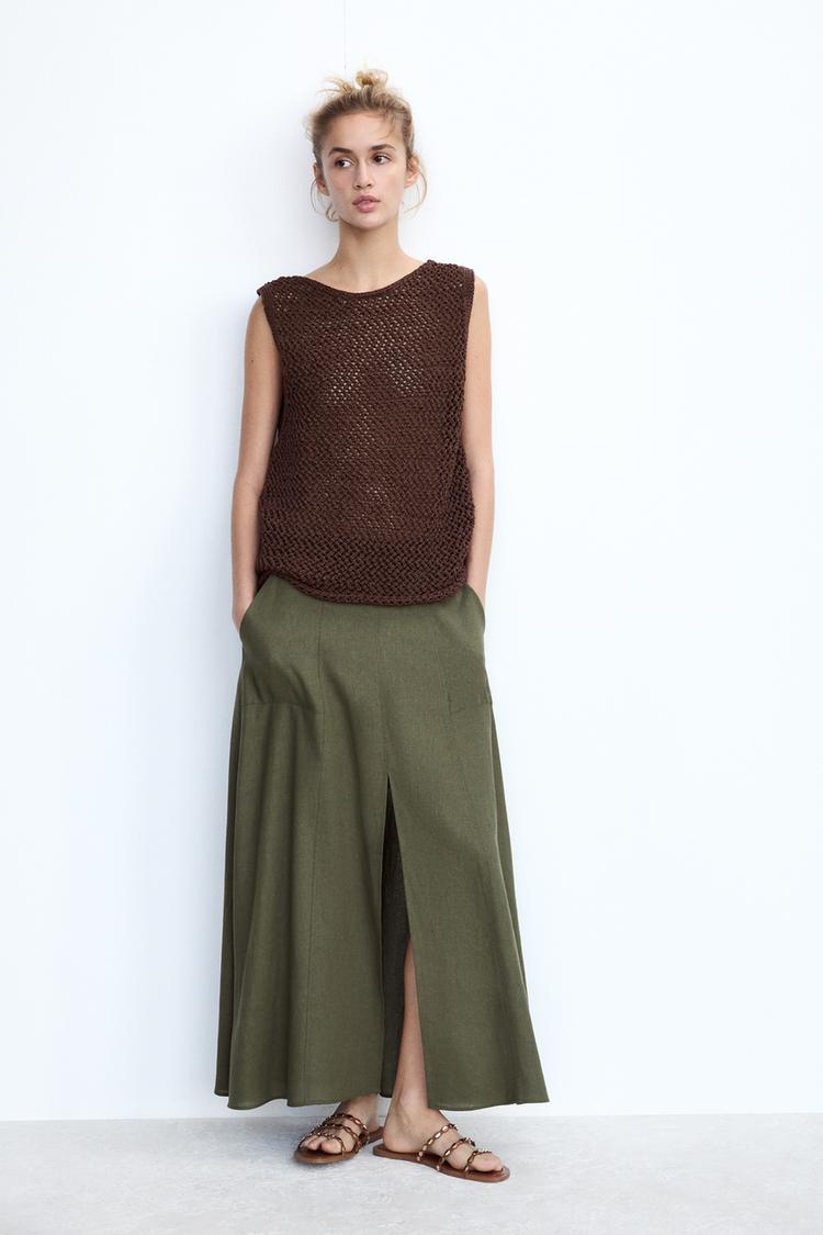 LINEN STITCHED MIDI SKIRT