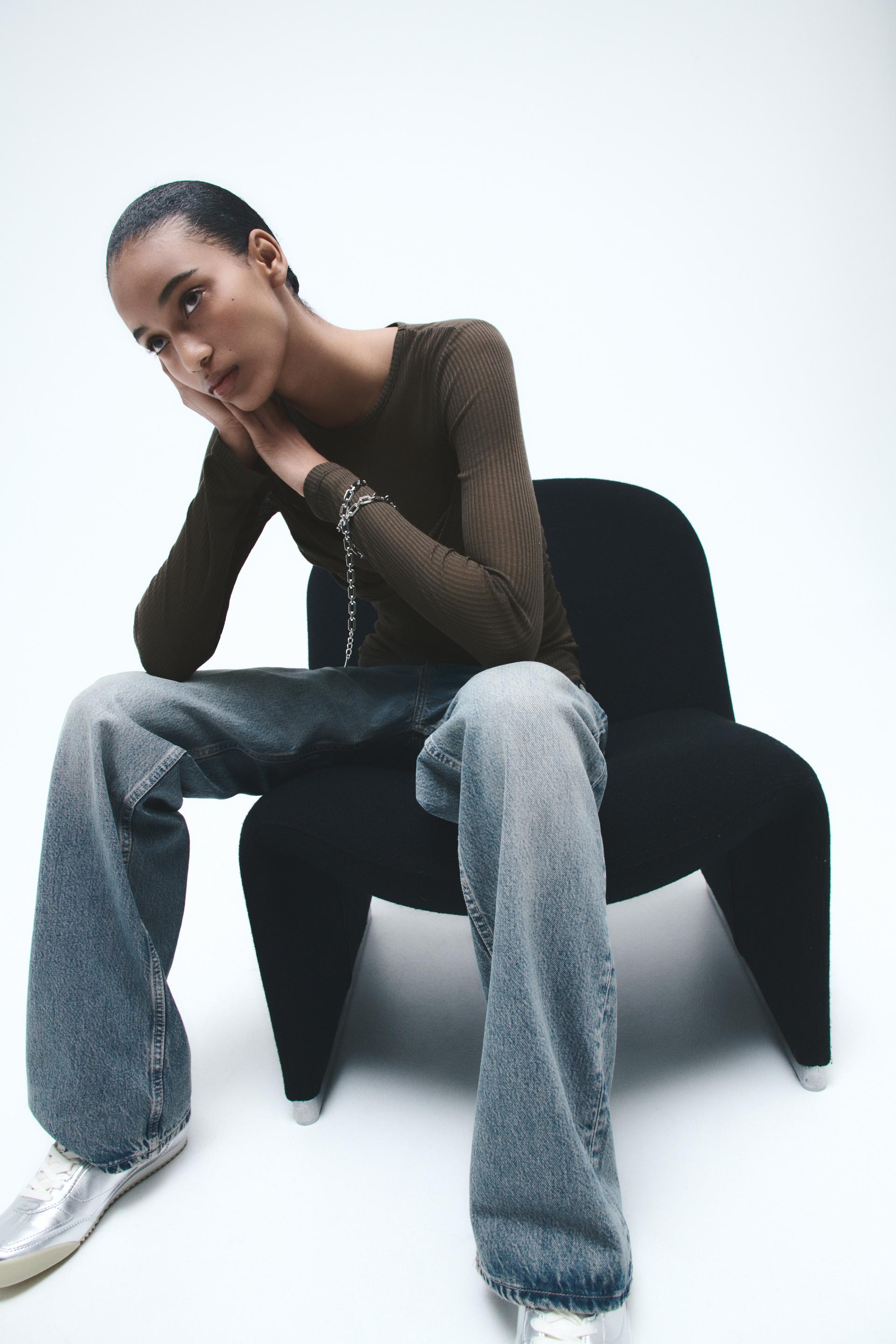 Zara Jeans Rib Zara Semi-Sheer Ruched Rib Top International Shipping