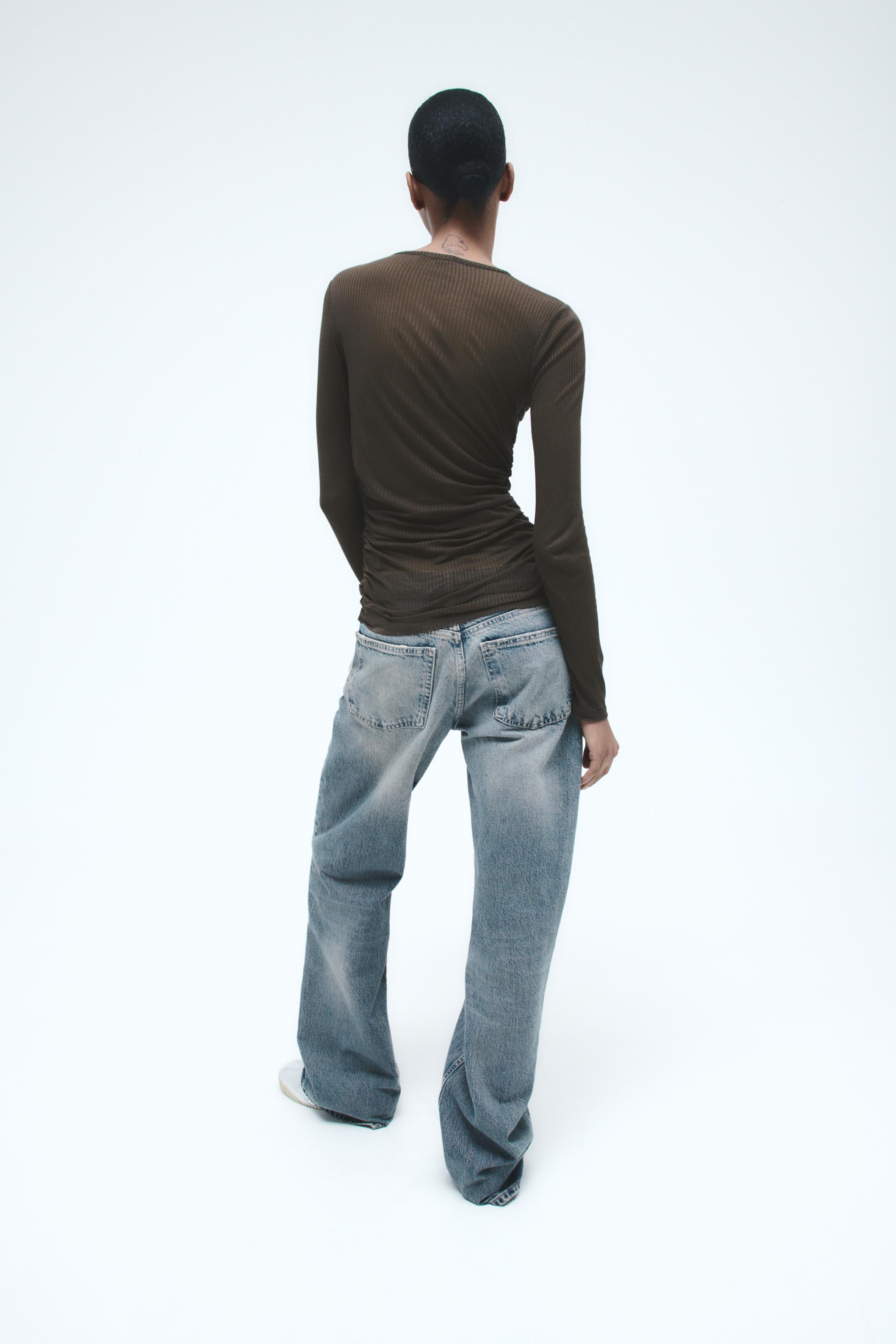 Zara Jeans Rib Zara Semi-Sheer Ruched Rib Top International Shipping