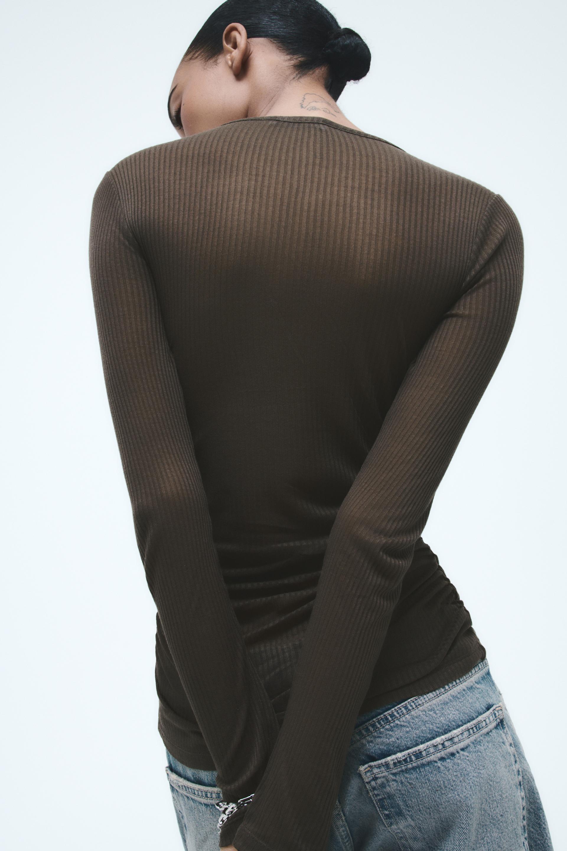 Zara Jeans Rib Zara Semi-Sheer Ruched Rib Top International Shipping