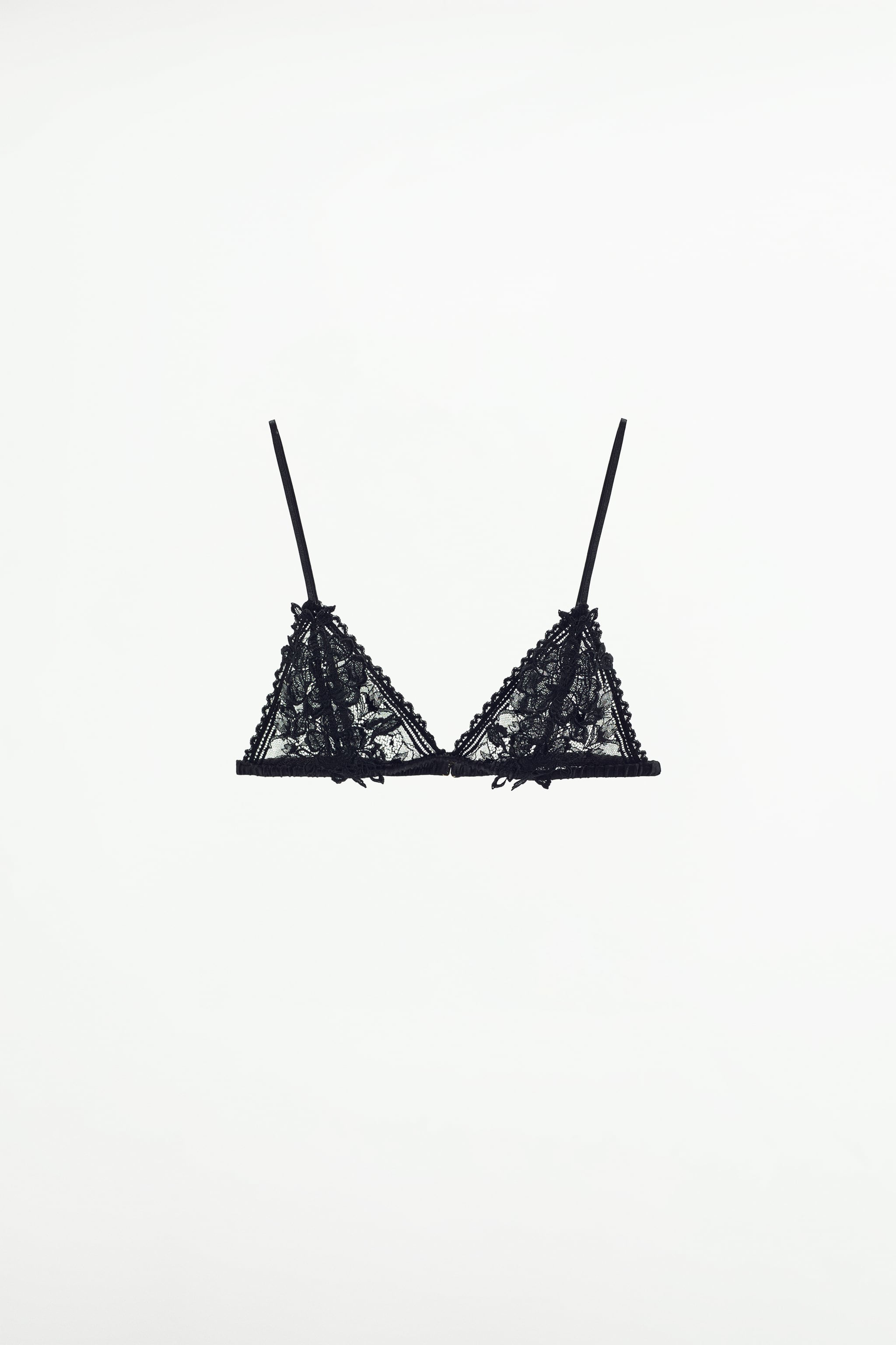 Triangle bralette with Lace fabric. trim. Adjustable thin straps. Back hook closure.