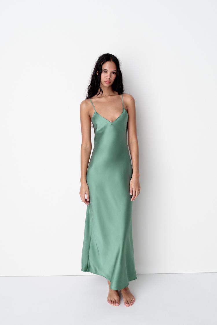 SATIN EFFECT MIDI SLIP DRESS