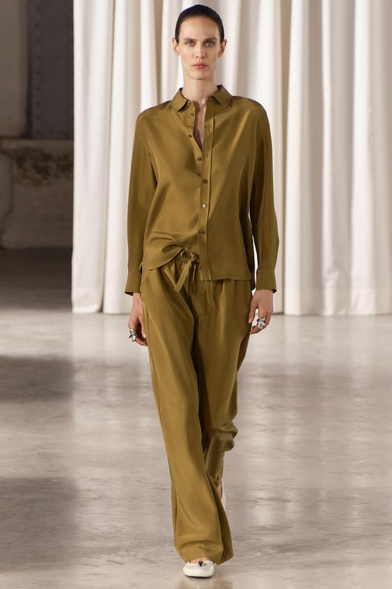 ZW COLLECTION 100 SILK SLIM FIT SHIRT olive green ZARA United Kingdom