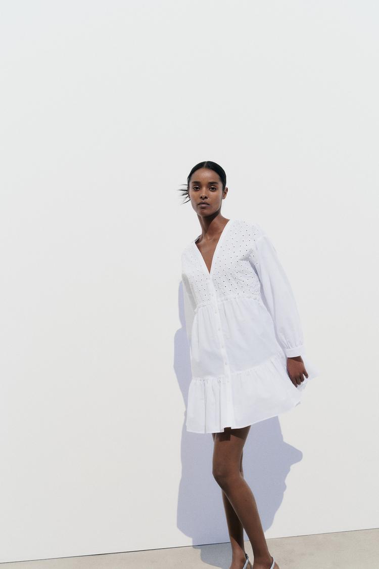 EMBROIDERED EYELET POPLIN MINI DRESS