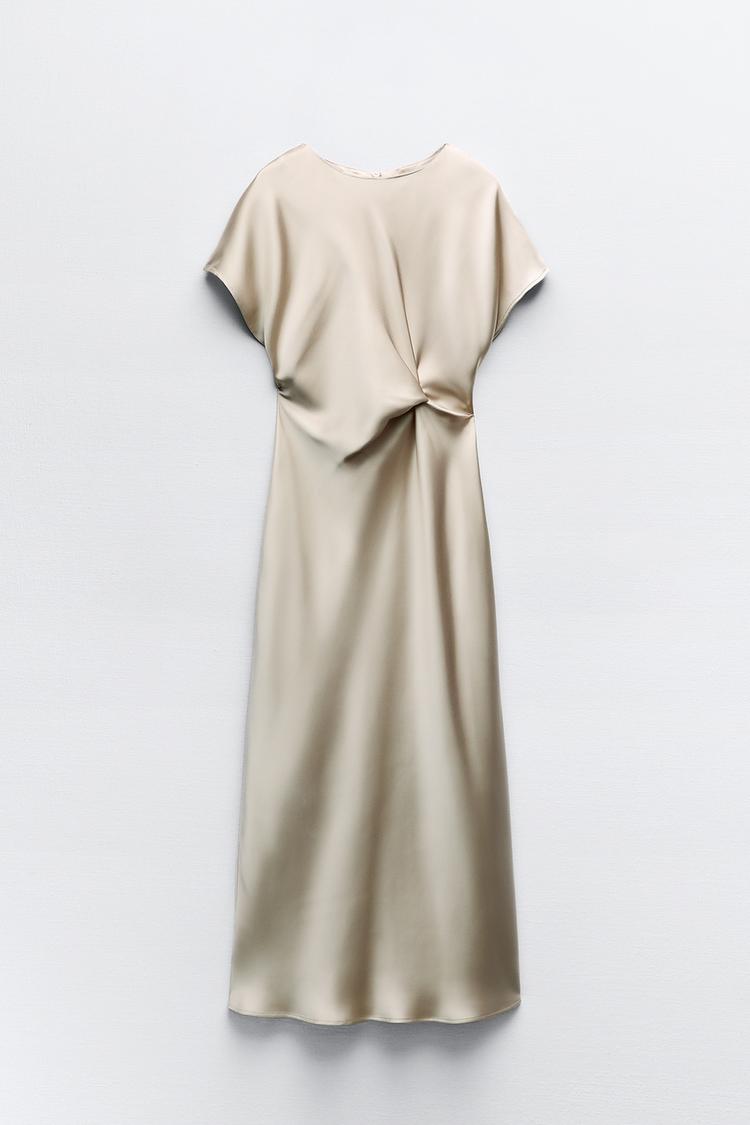 RUCHED WAIST SATIN EFFECT MIDI DRESS