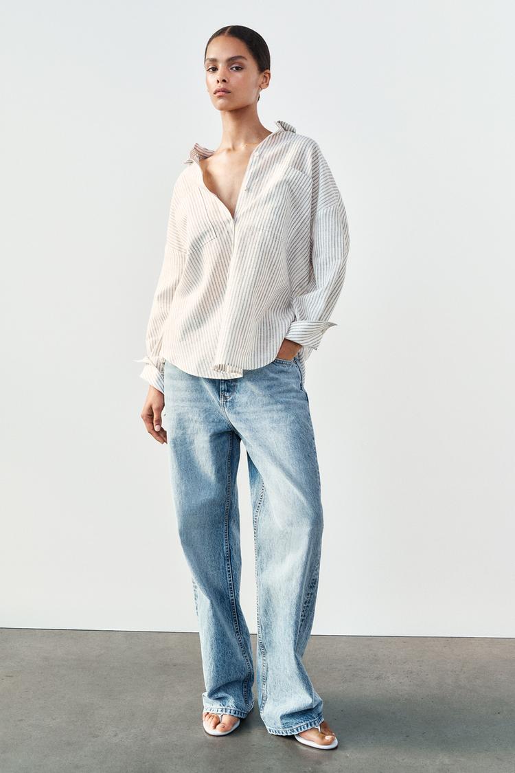 STRIPED METALLIC THREAD LINEN BLEND SHIRT