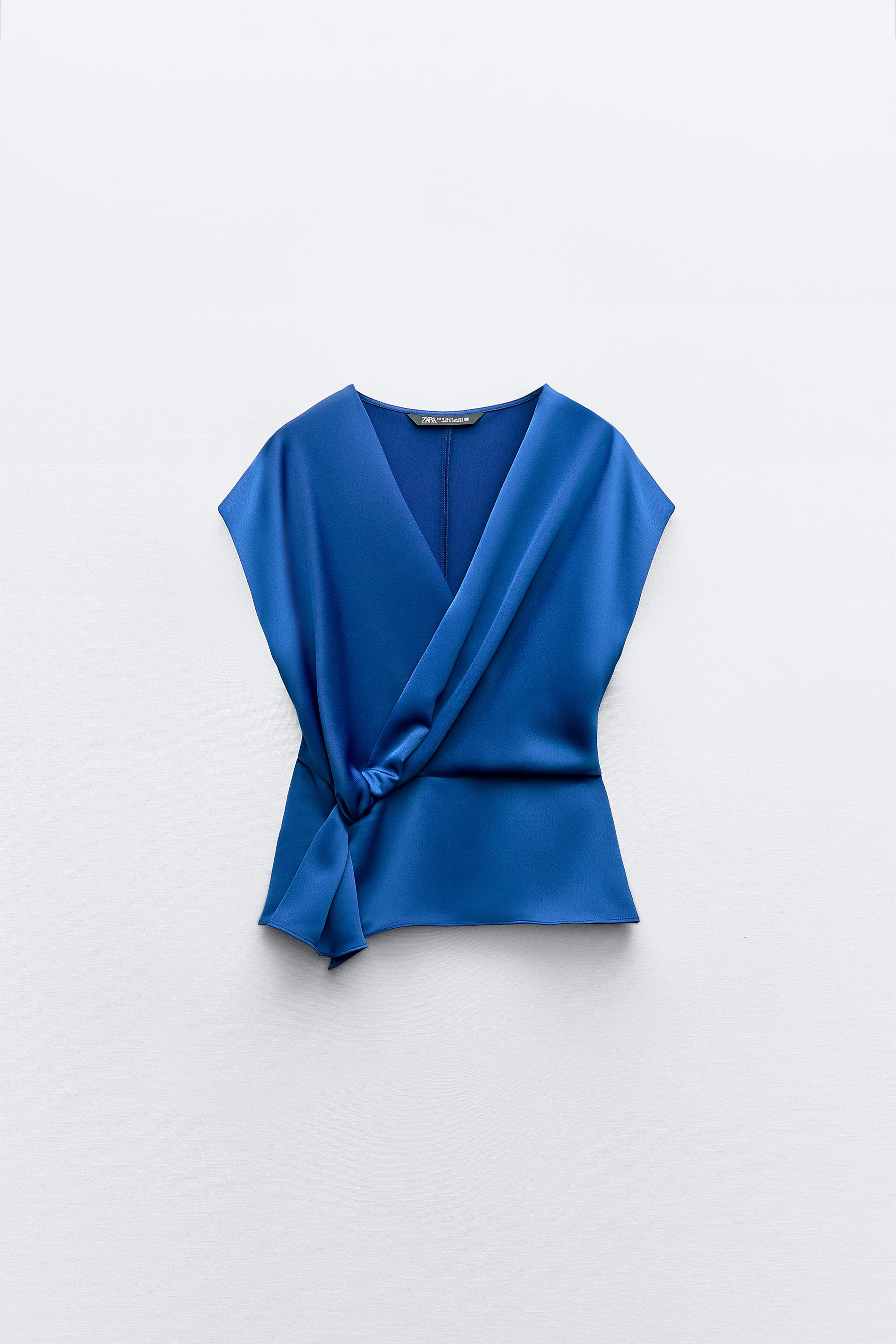 Camisas Zara Knotted Satin Effect Mujer Gris Blue Camisa ZARA