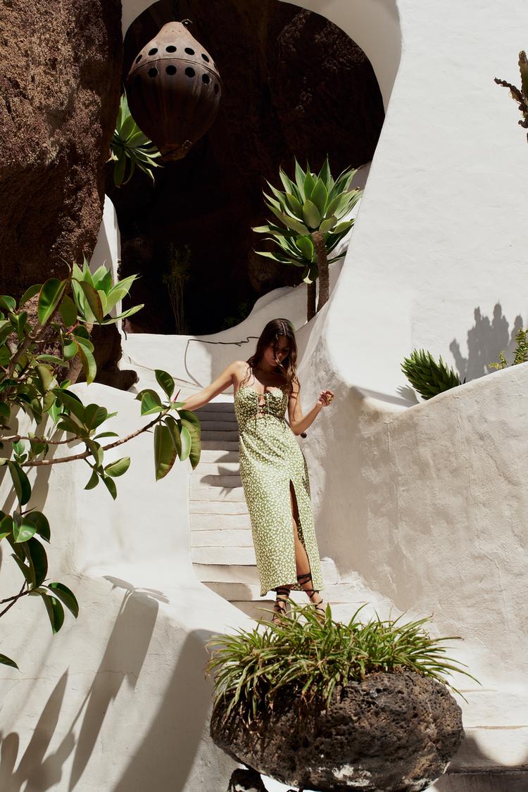 LINEN BLEND FLORAL PRINT MIDI DRESS