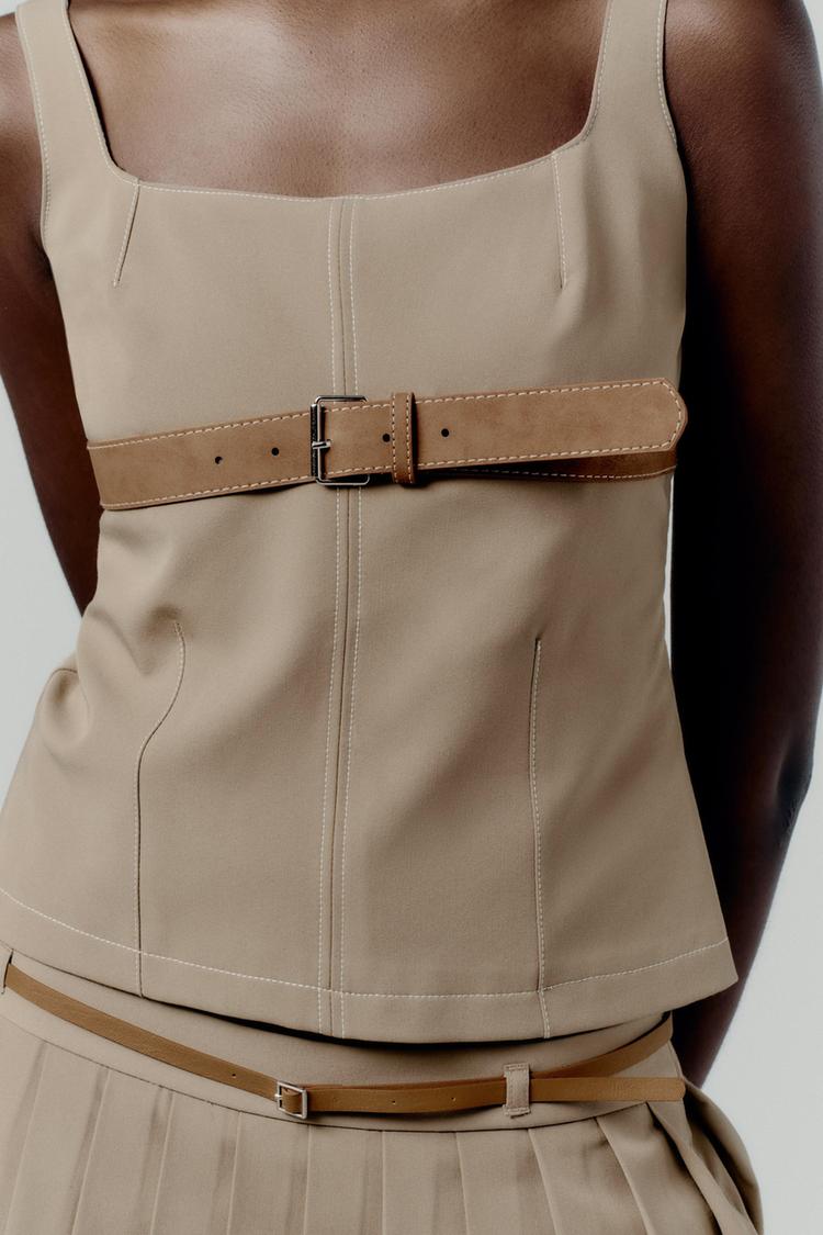 TOP WITH BELT AND TOPSTITCHING