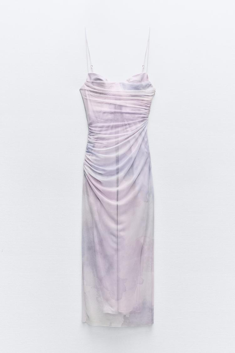 DRAPED PRINTED TULLE DRESS