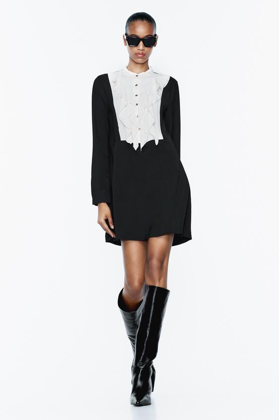 RUFFLED SHIRT DRESS Black ZARA India