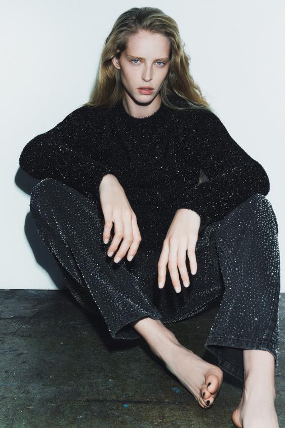 STRAIGHT CUT MID RISE RHINESTONE JEANS ZW COLLECTION Black ZARA