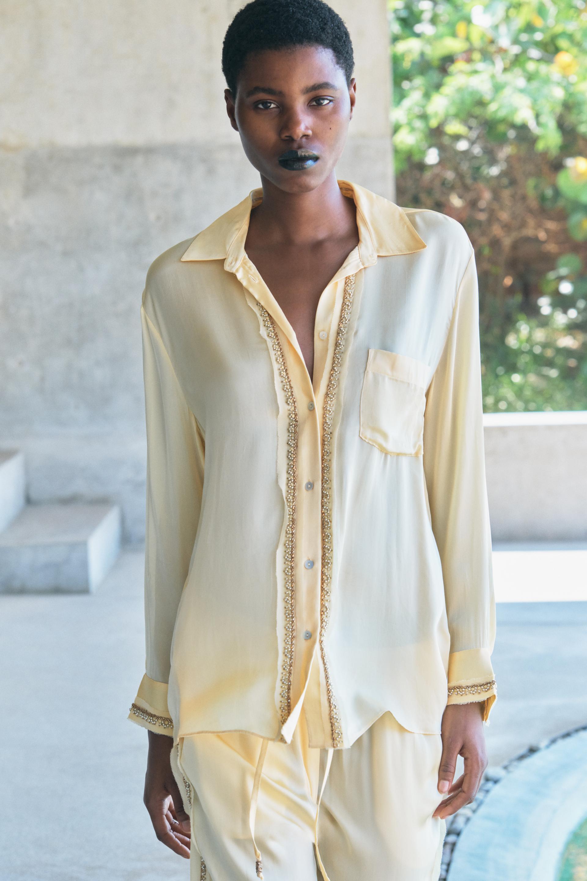 Zara Embroidered Satin Effect Shirt Zw Collection International Shipping