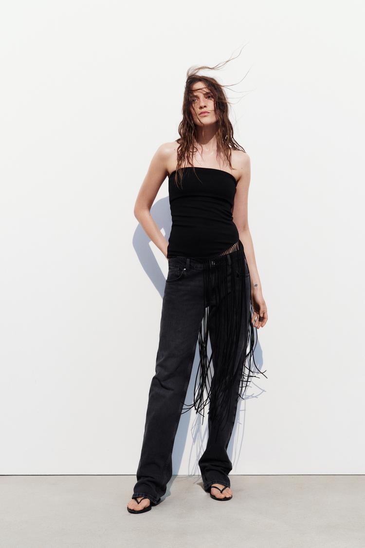 FRINGED STRETCH KNIT TOP