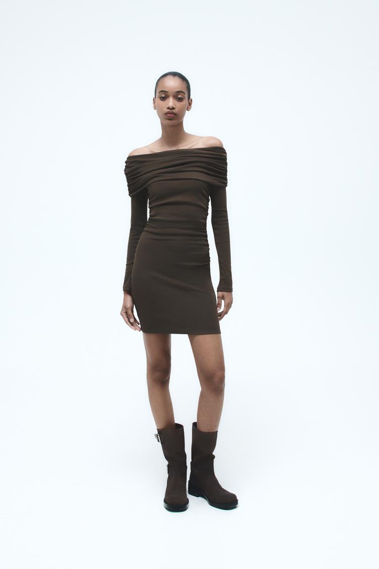 RUCHED OFF THE SHOULDER DRESS