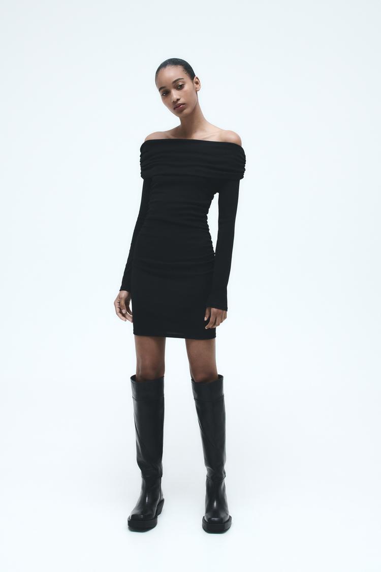 RUCHED OFF THE SHOULDER DRESS