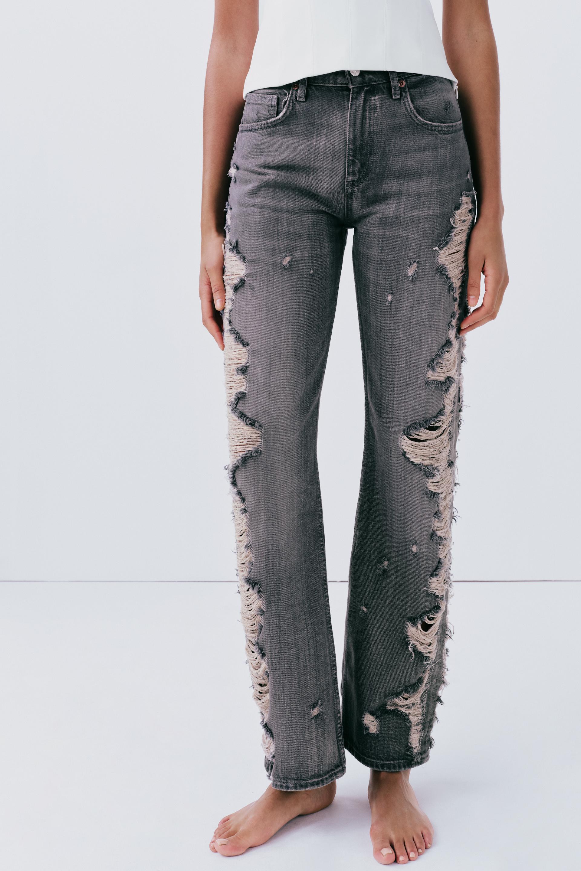 Zara Jeans Rib Zara Trf Mid-Rise Wide Leg Ripped Jeans International Shipping