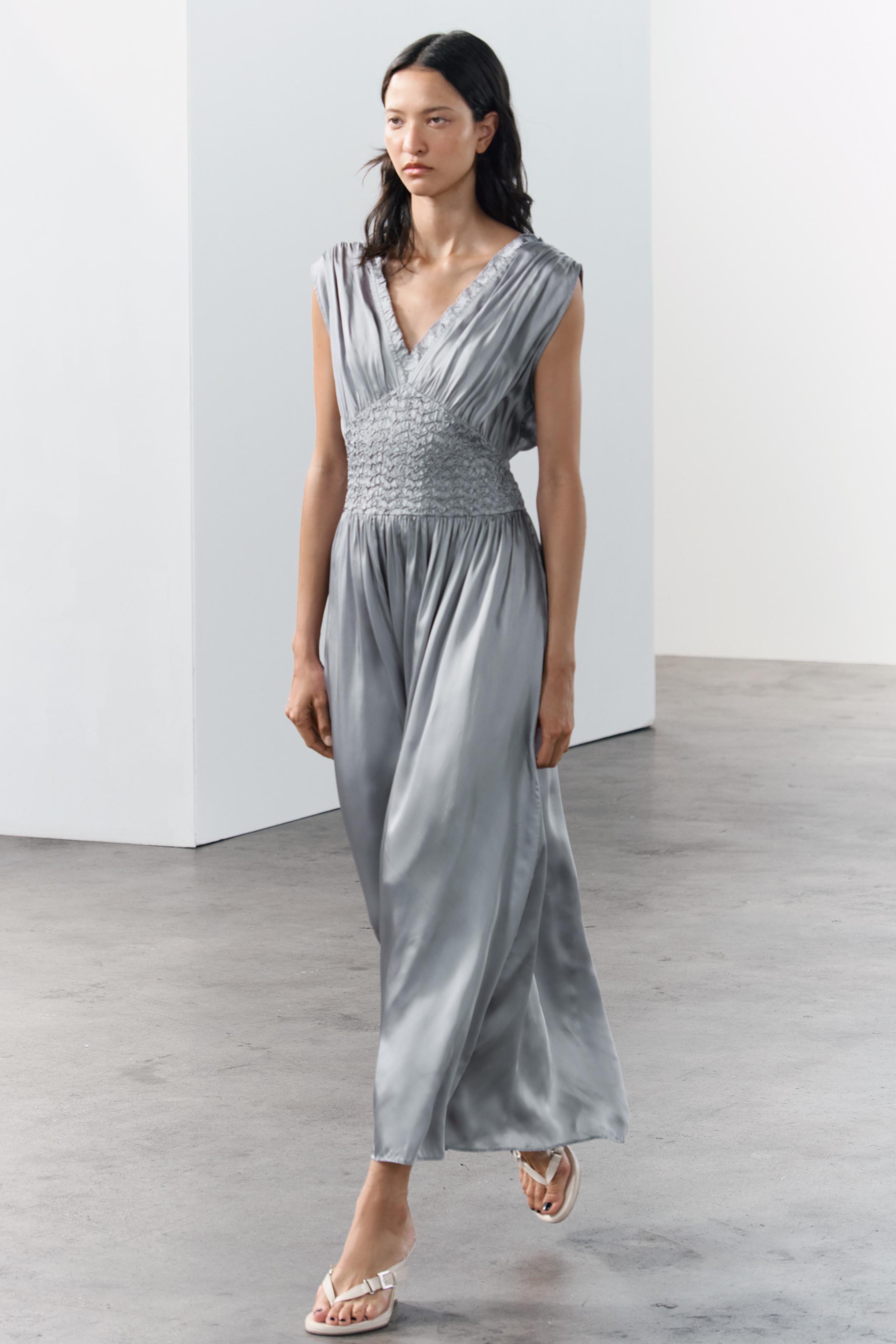 grey midi dress zara ZARA NWT WOMAN SS25 GODETS MIDI DRESS ZW COLLECTION Anthracite grey
