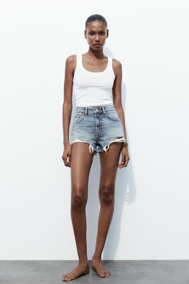 TRF HIGH WAIST RIPPED CURVED DENIM SHORTS