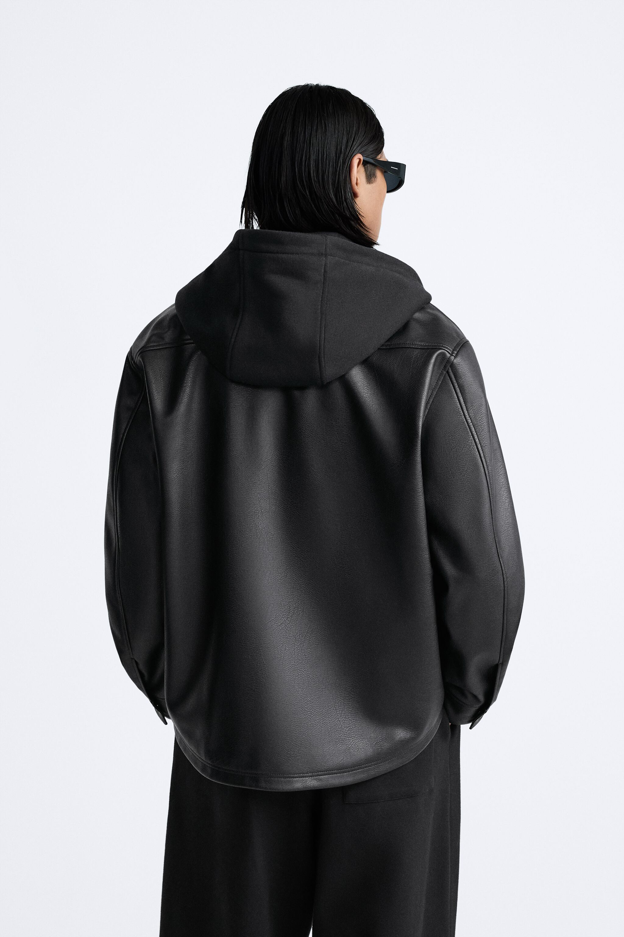 HOODED FAUX LEATHER OVERSHIRT