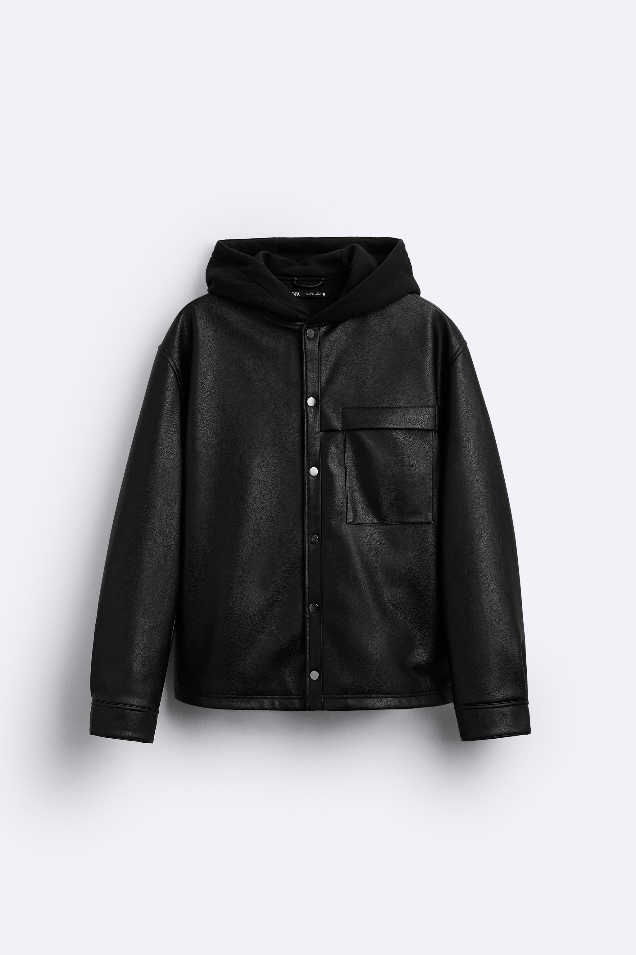 HOODED FAUX LEATHER OVERSHIRT