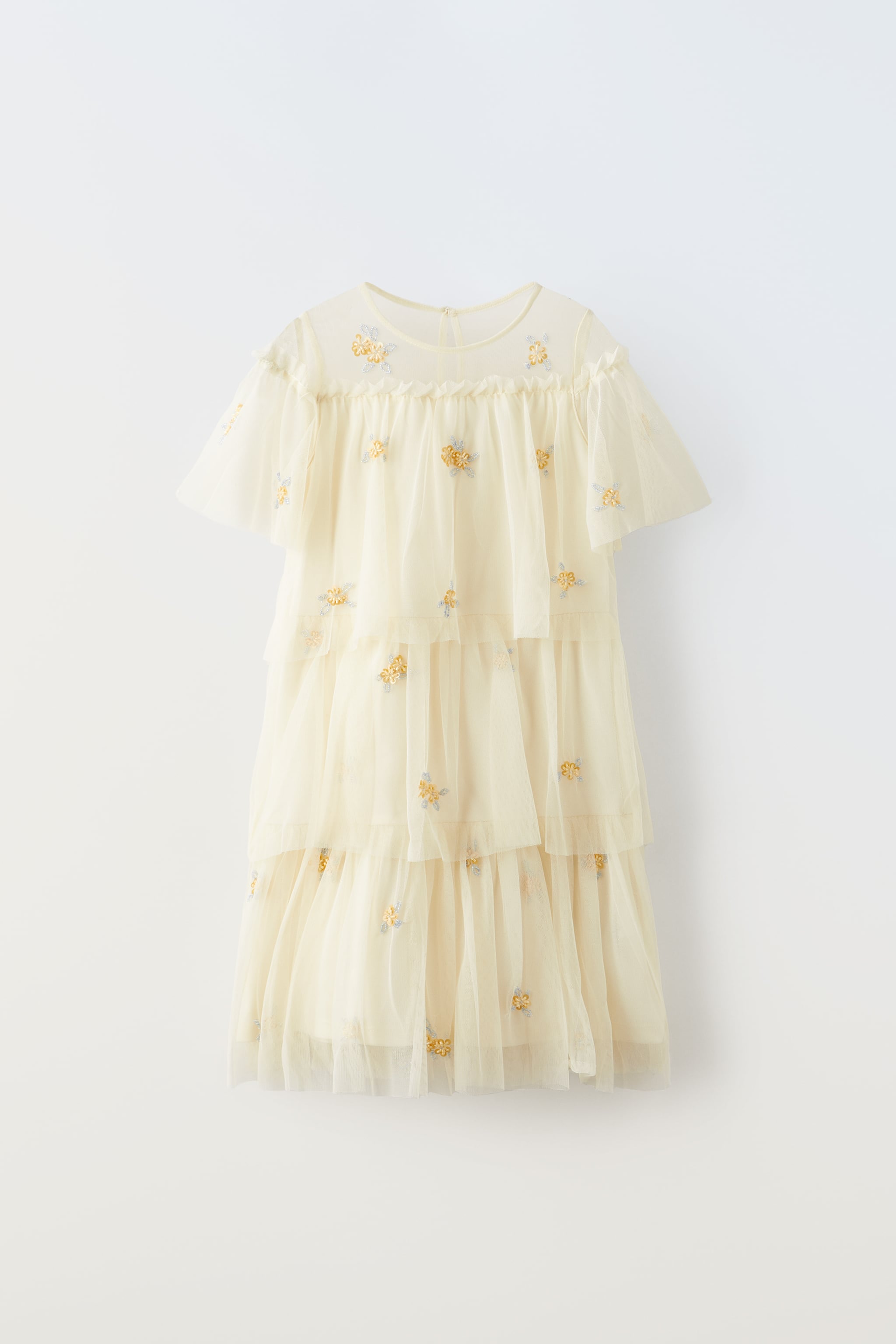 TULLE RUFFLE EMBROIDERED DRESS