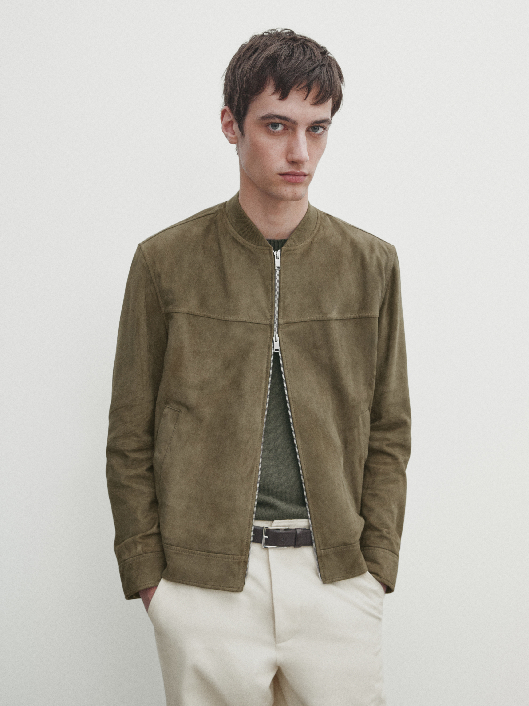 Suede leather bomber jacket with zip