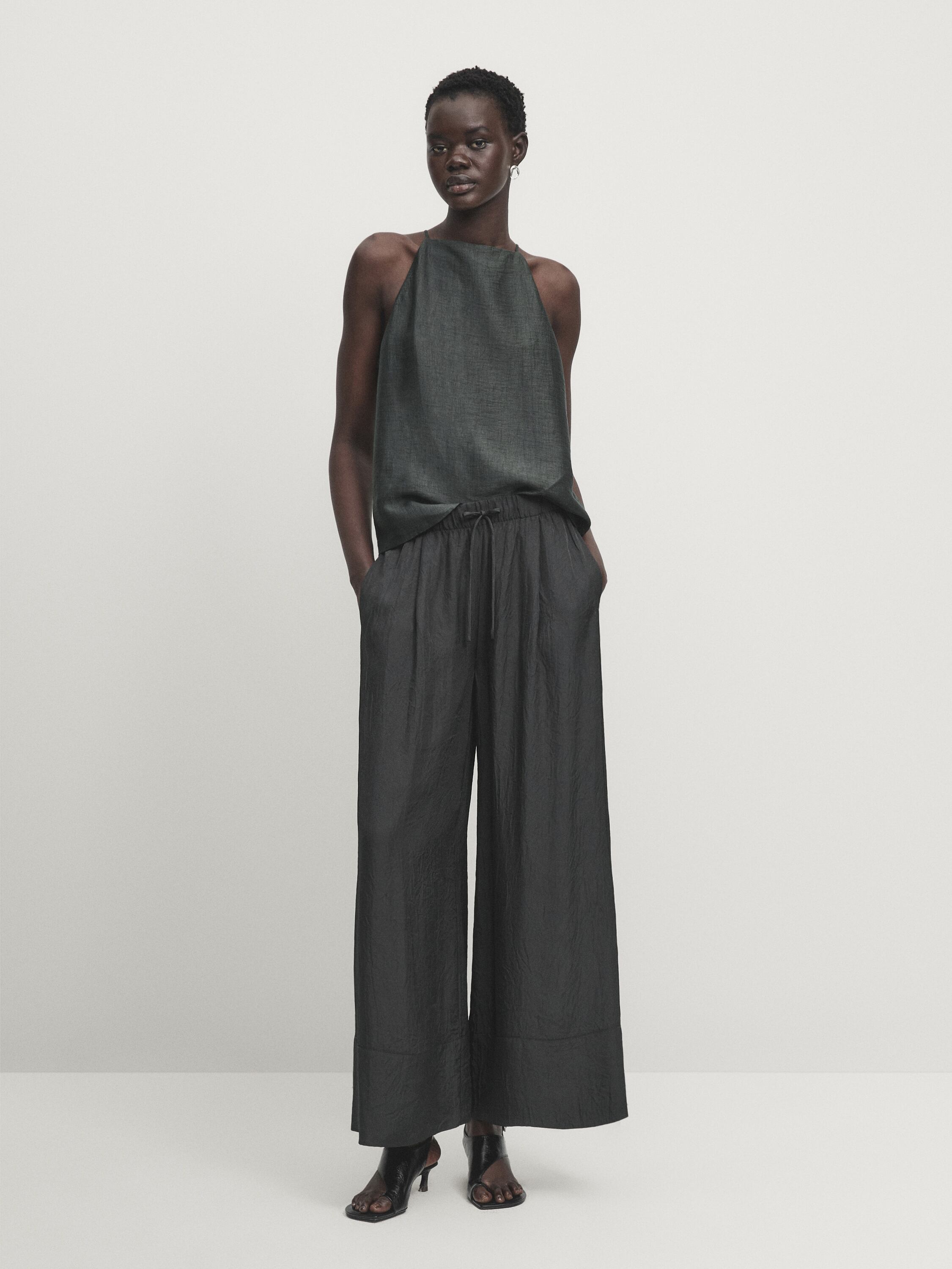 Satin trousers with elasticated waistband and double hems