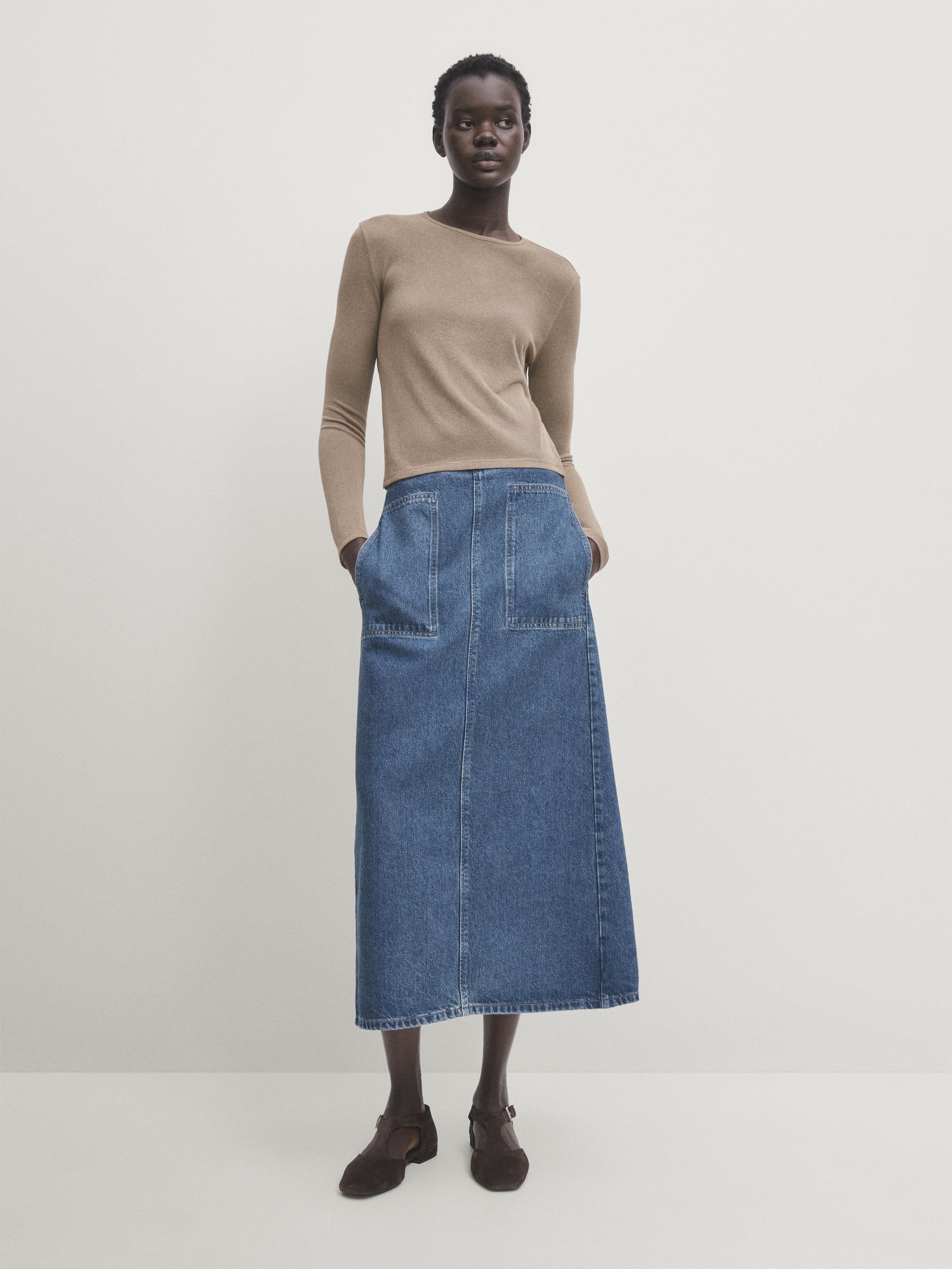 Straight-fit denim carpenter skirt