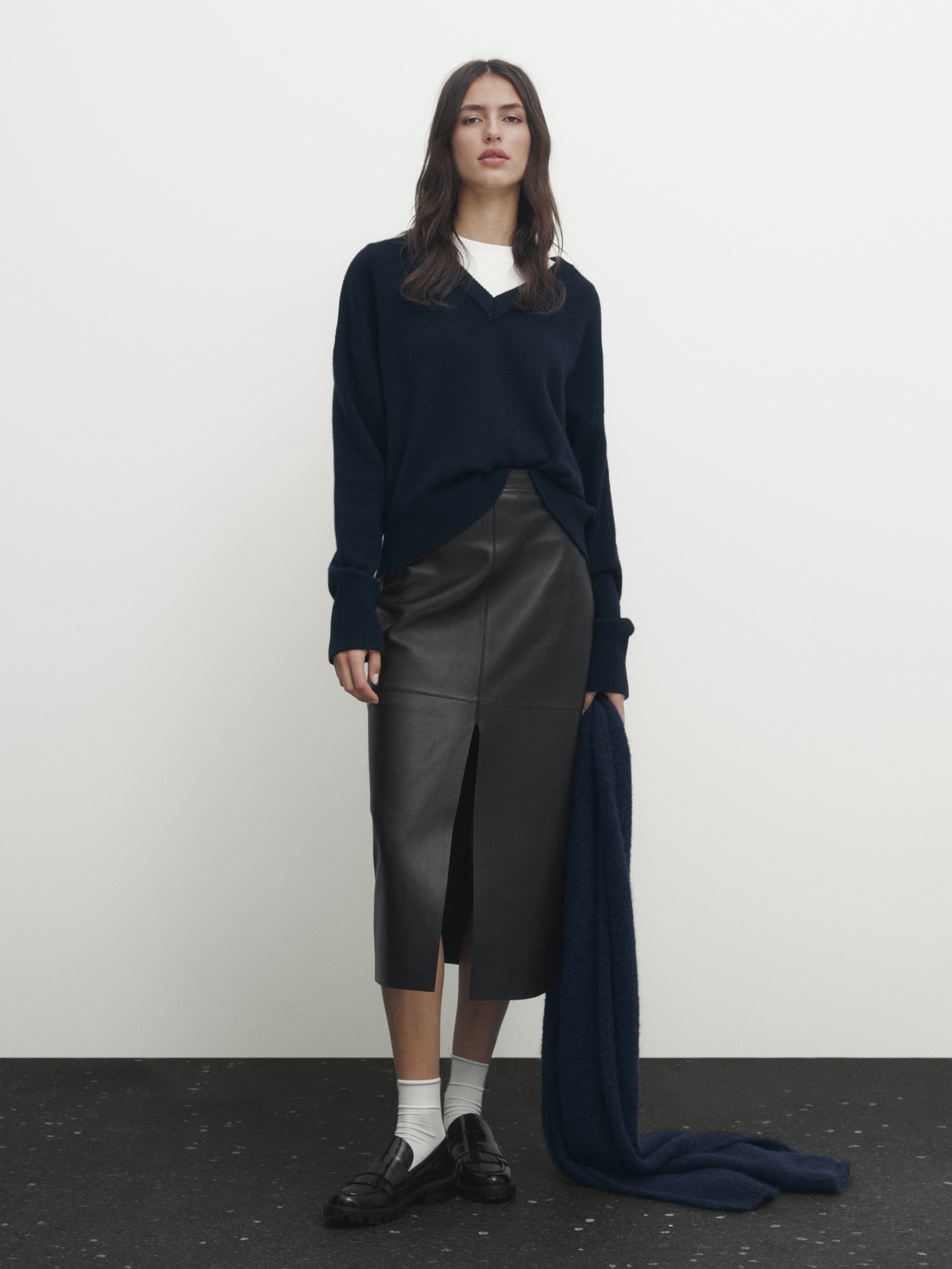 Black nappa leather midi skirt with slit